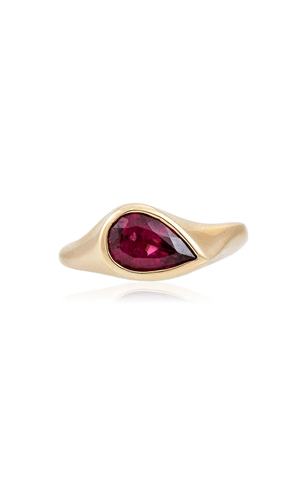 14k Yellow Gold Tilted Dark Pink Tourmaline Teardrop Ring