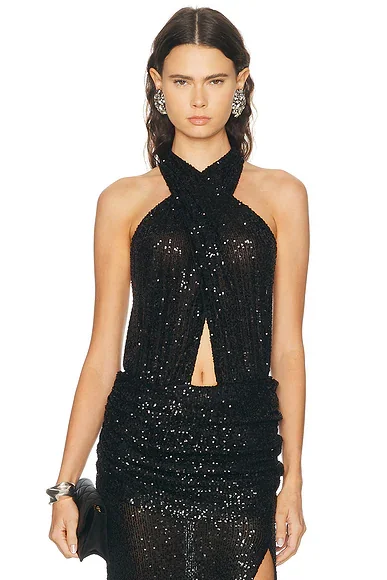 Mini Stretch Sequin Halter Cutout Bodysuit