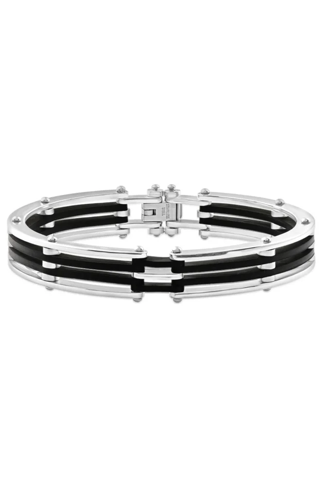 Steel and Black Silicone Latched Cuffed Bracelet, 8 in