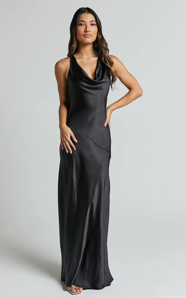 Adilah Maxi Dress, Cowl Neck Satin Dress in Black