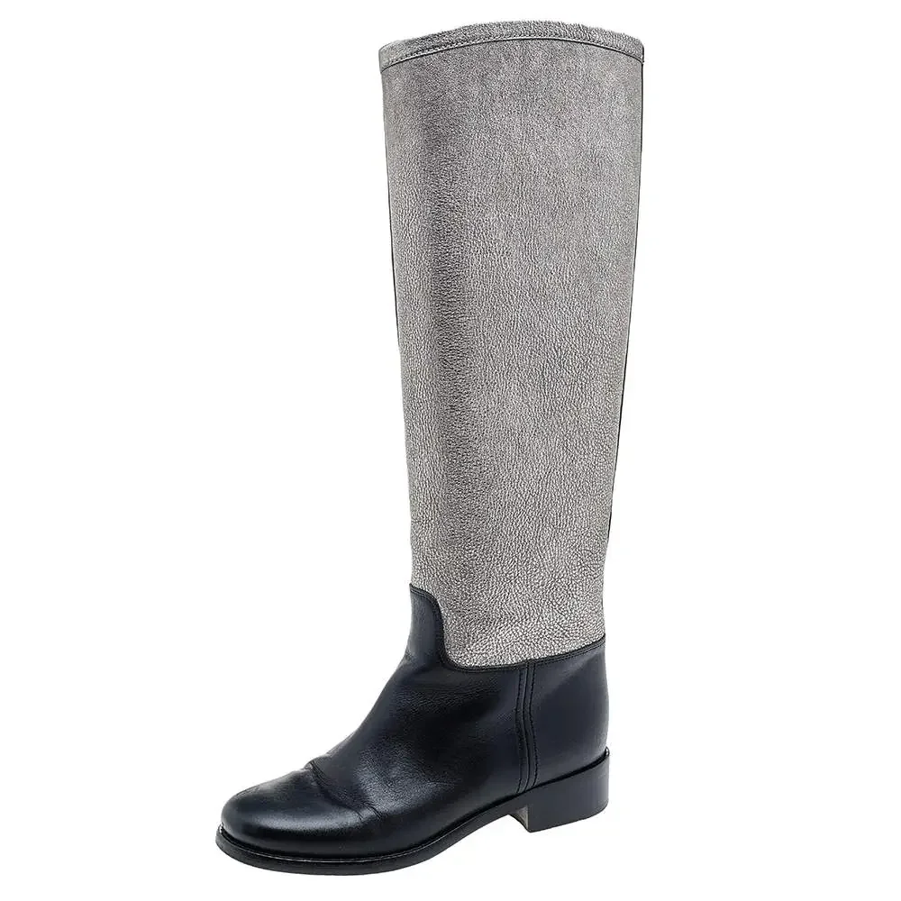 Black/Metallic Leather CC Knee Length Boots Size 35.5