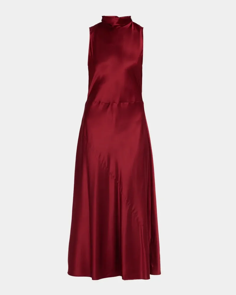 Sleeveless Mock-Neck Satin Midi Dress