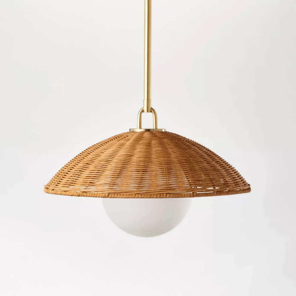 Wicker Dome Pendant with Opal Glass Ball Ceiling Light