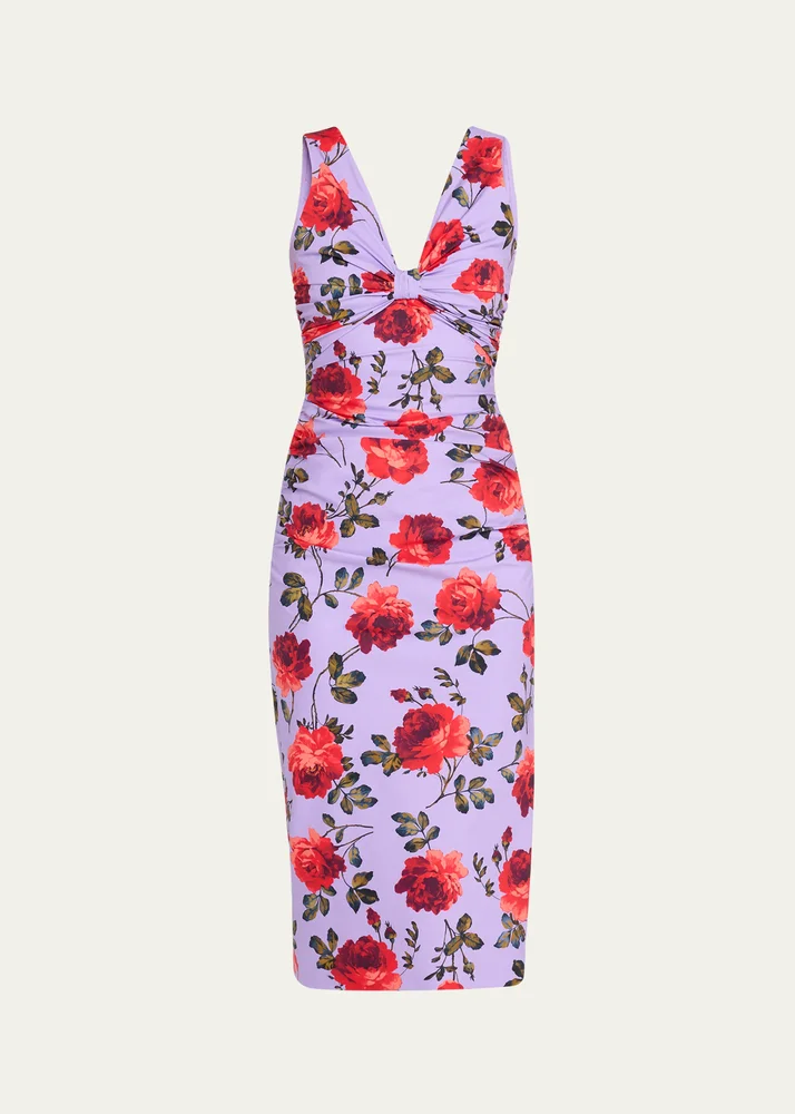 Rose-Print Gathered Silk Sleeveless Dress