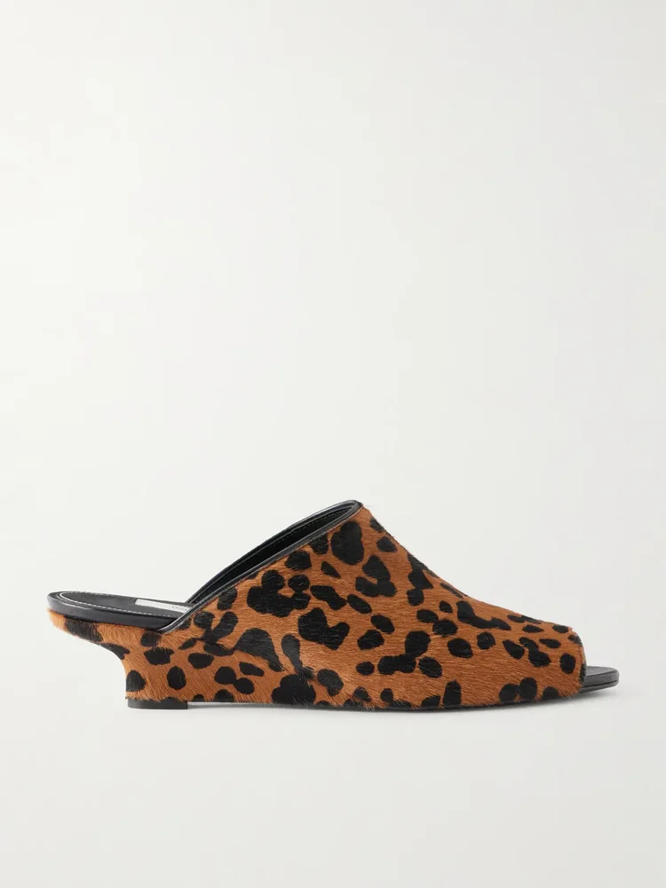 Leopard-print cow hair wedge mules