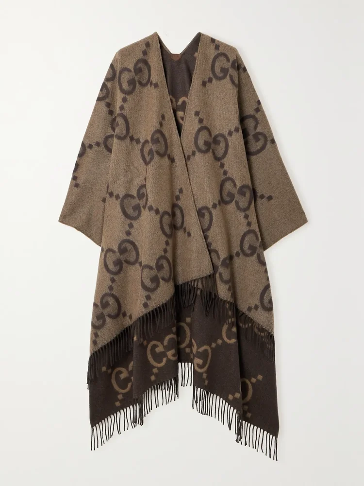Reversible Fringed Jacquard Knit Cashmere Wrap