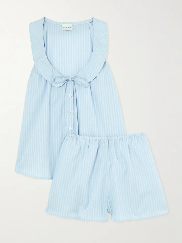 Round Collar tie-detailed striped organic cotton shirt and shorts set