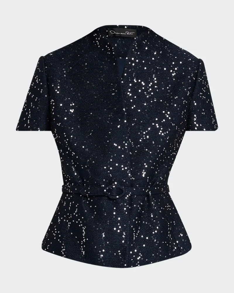 Short-Sleeve Sequined Wool Tweed Lady Jacket