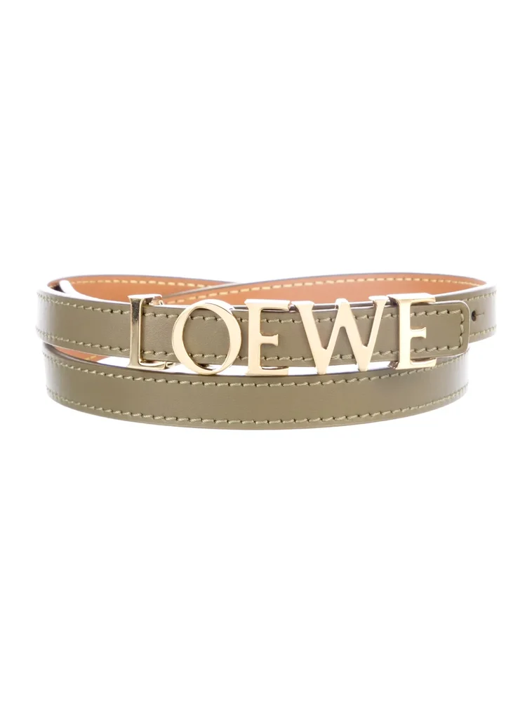 Logo Lettering Skinny Leather Belt (Olive)