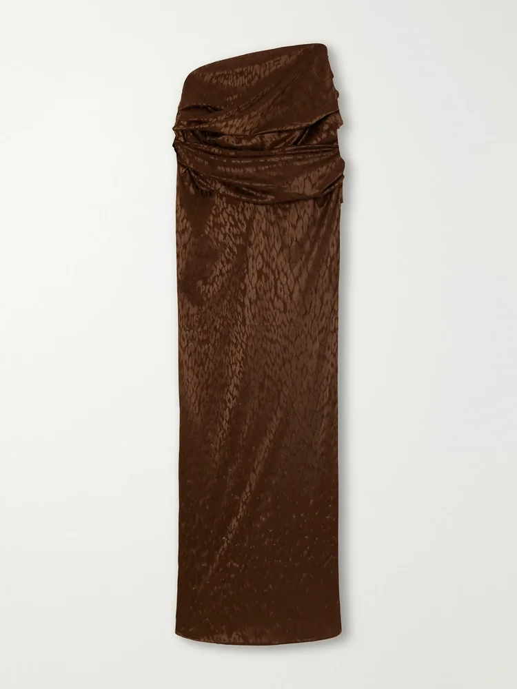 Draped leopard-print mesh maxi skirt