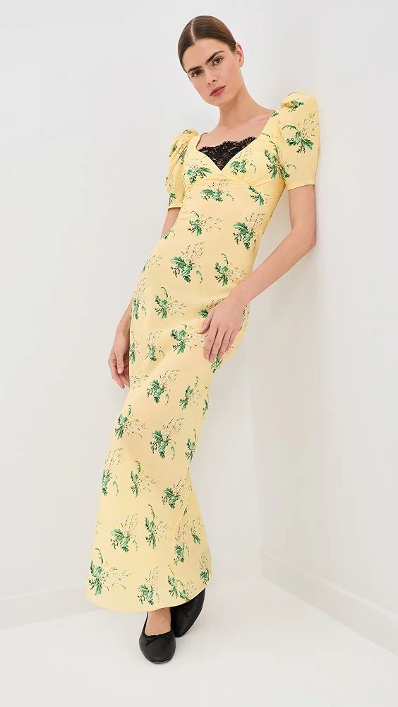 Yellow Bouquet Floral Silk Crepe Dress