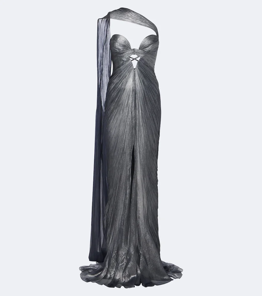 Morgan scarf-detail pleated silk bustier gown