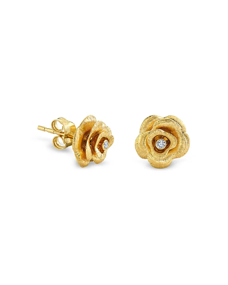 14K Yellow Gold Diamond Rose Stud Earrings
