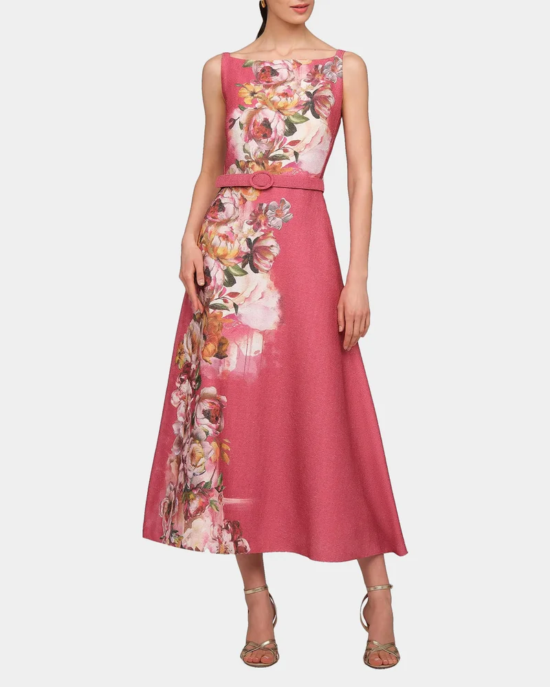 Slyvie Floral Belted Satin Tea-Length Dress