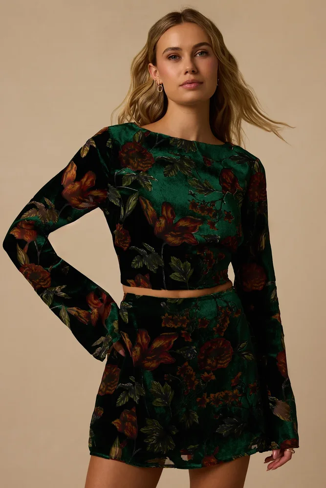 Talaria Dark Green Velvet Burnout Cutout Long Sleeve Crop Top