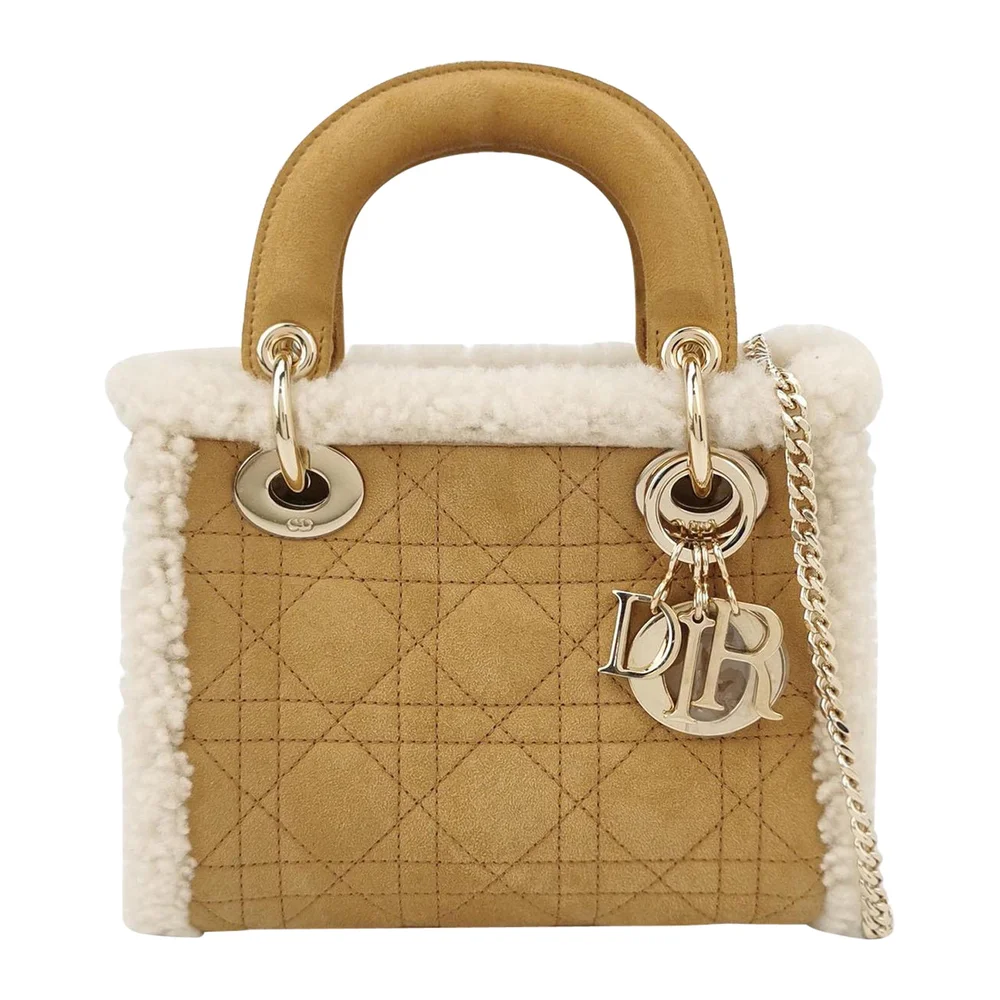 Pre-Owned Excellent Brown Shearling Lady Dior Mini Handbag with Gold Hardware
