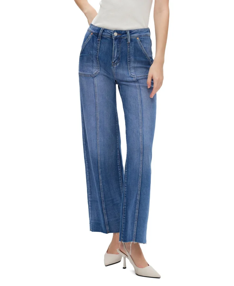 High Rise Straight Leg Raw Edge Denim Jeans Stretch Comfortable in Bluelover