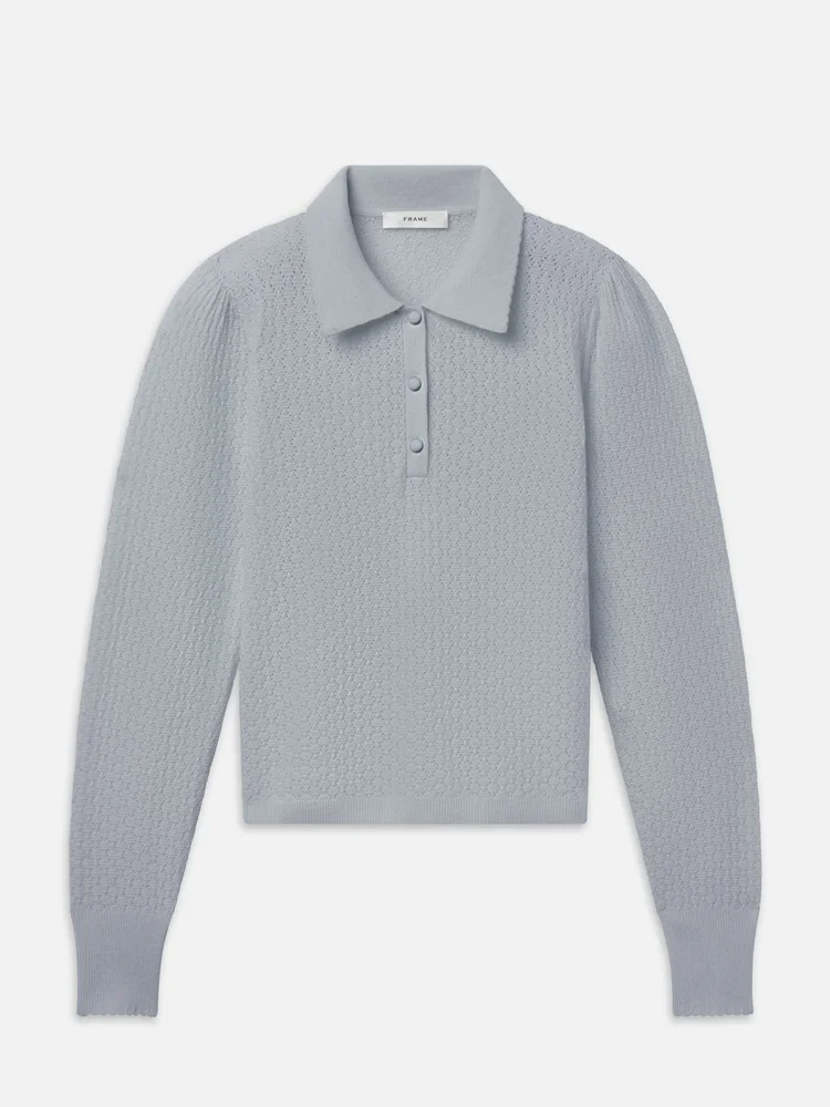 frame-denim The Long Sleeve Honeycomb Polo -- Grey Blue