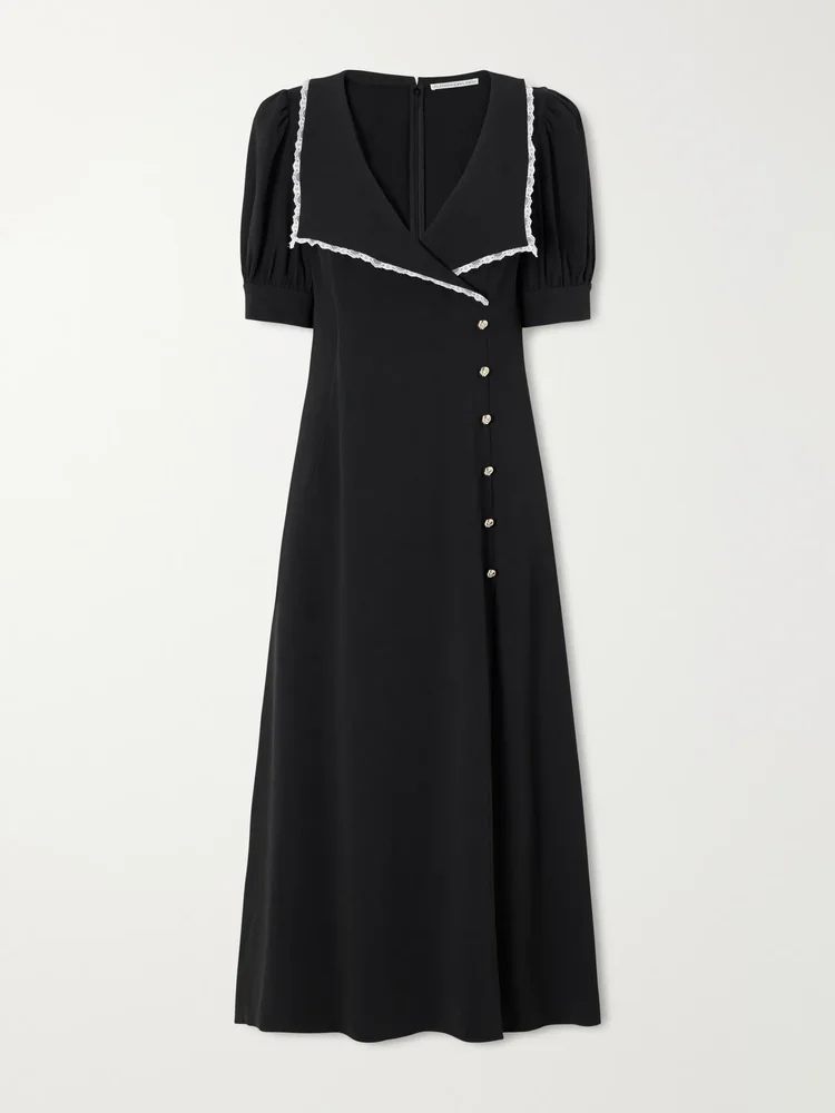 Lace-trimmed crepe-cady midi dress