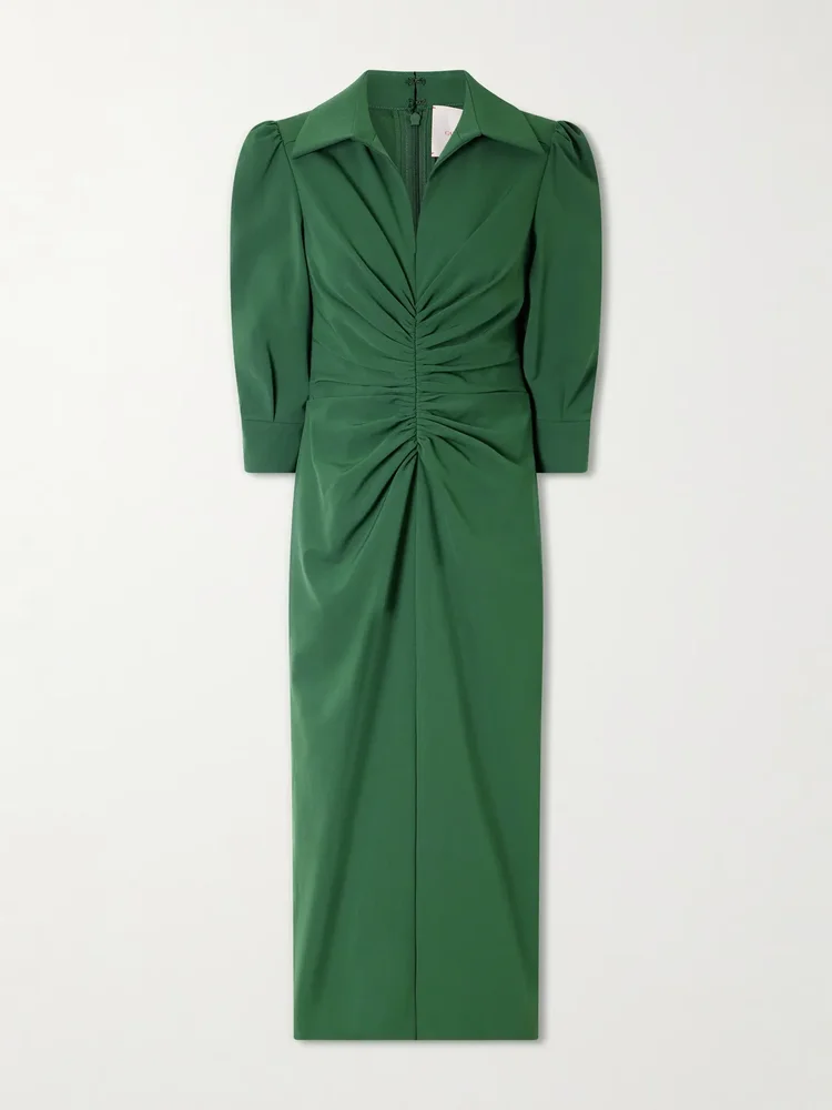 Rouched wool-blend midi dress