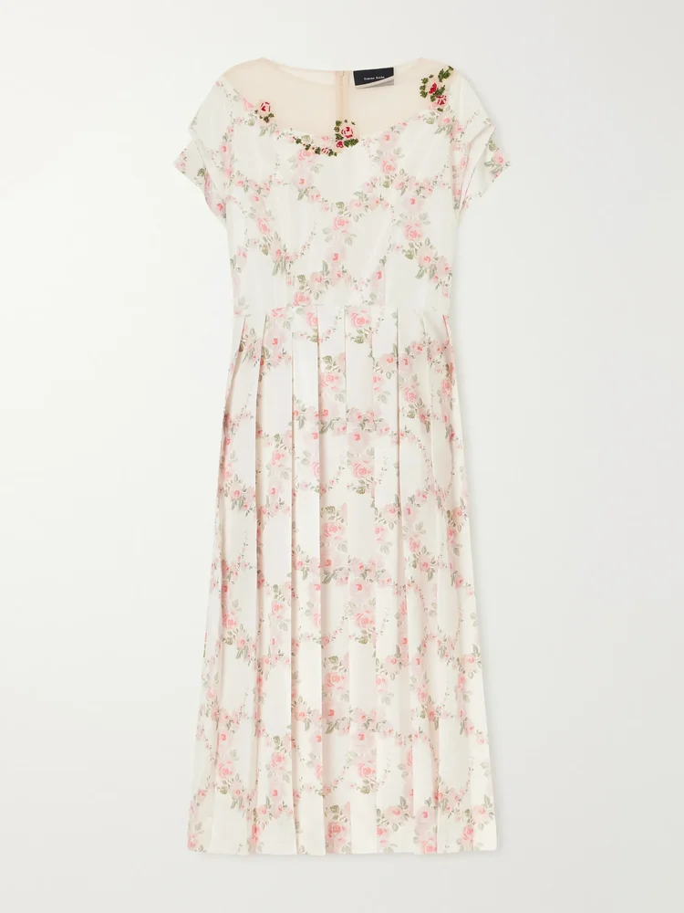 Bead-embellished pleated floral-printed taffeta midi dress