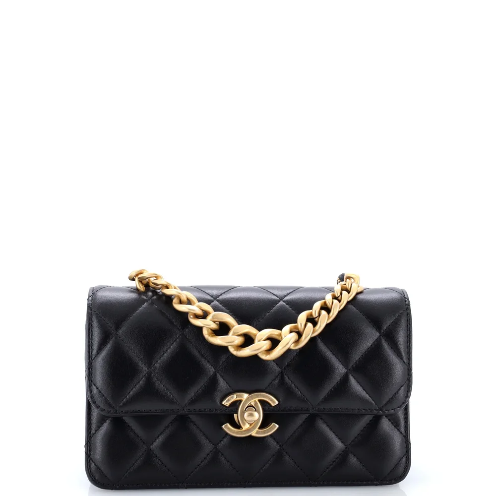 Pre-Owned Chanel Chain Handle Compartment Flap Bag Quilted Lambskin Mini