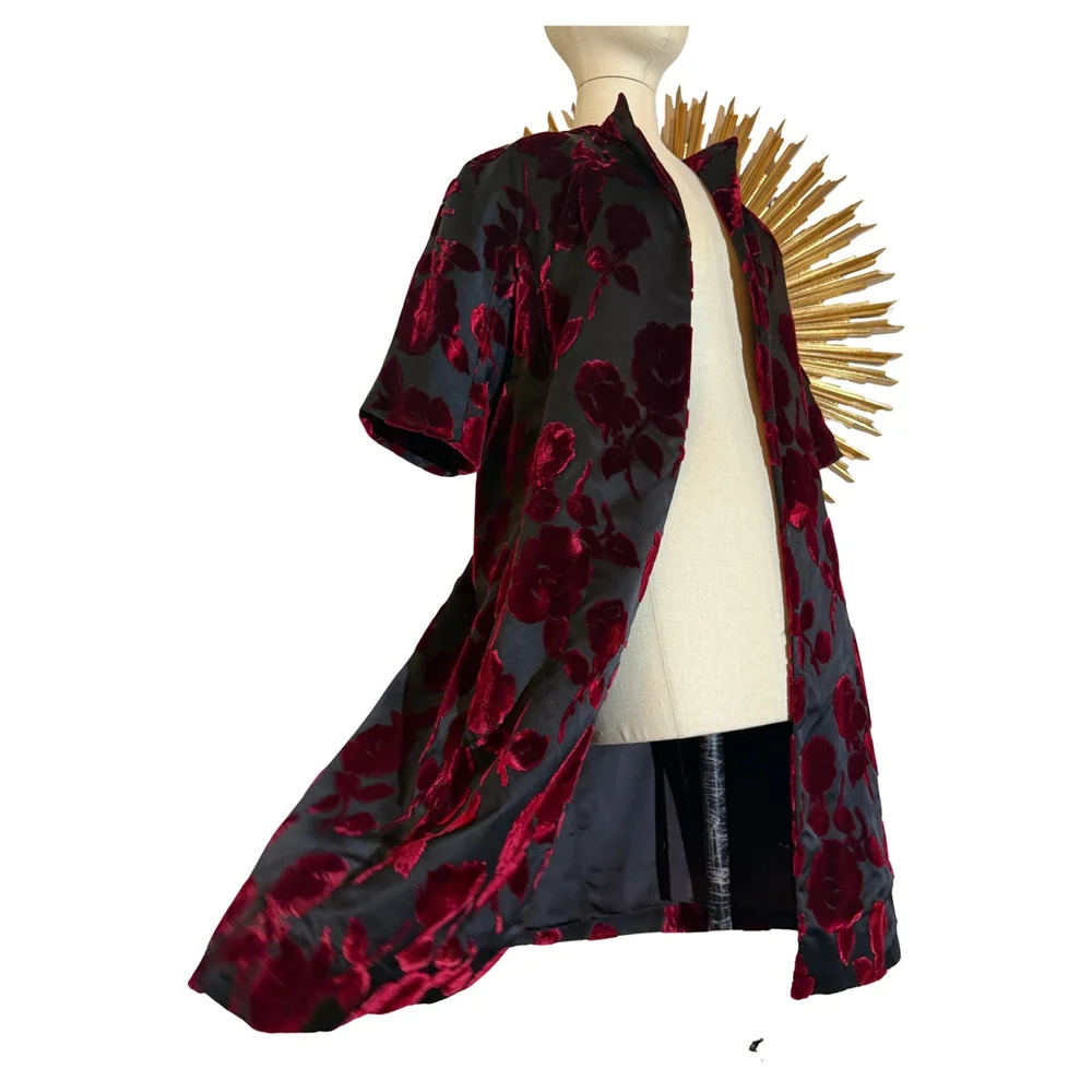 1960s Saks Fifth Avenue Black & Red Velvet Devore Rose Cocktail Coat
