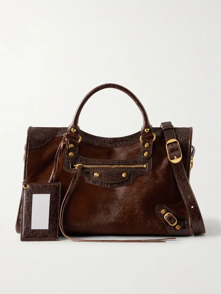 Balenciaga Le City crinkled leather-trimmed pony hair shoulder bag