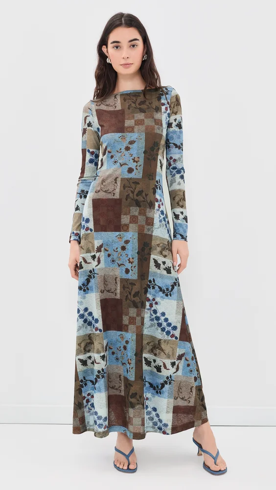 Patchwork Print Mesh Maxi Dress