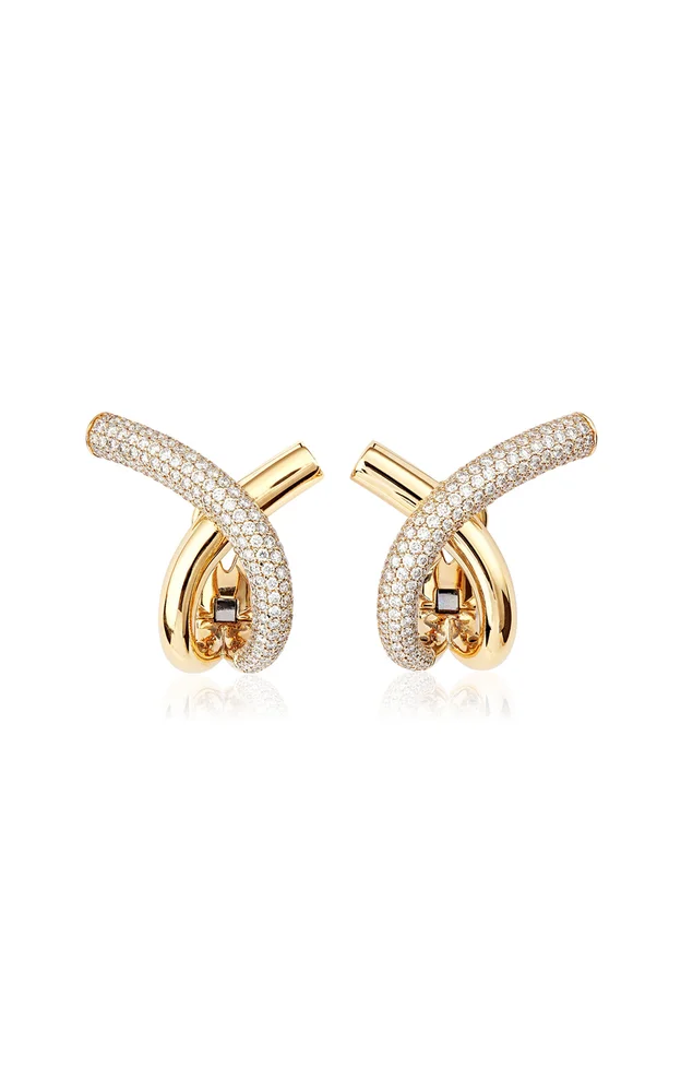 Cross Loop 18K Yellow Gold Pavé Diamond Earrings