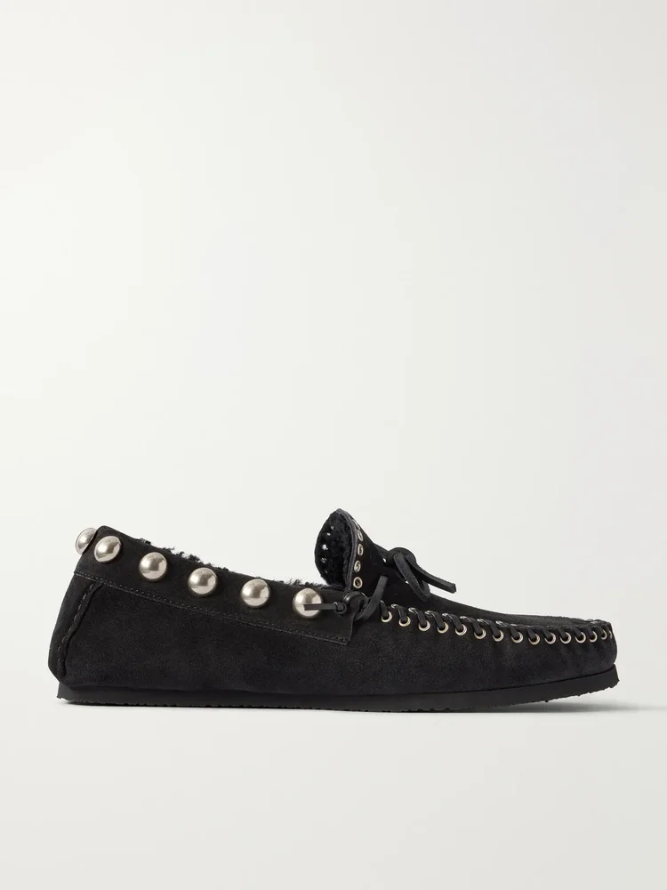 Fitza studded shearling-trimmed suede loafers
