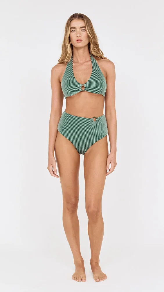 Green Textured High Waisted Bikini Bottom