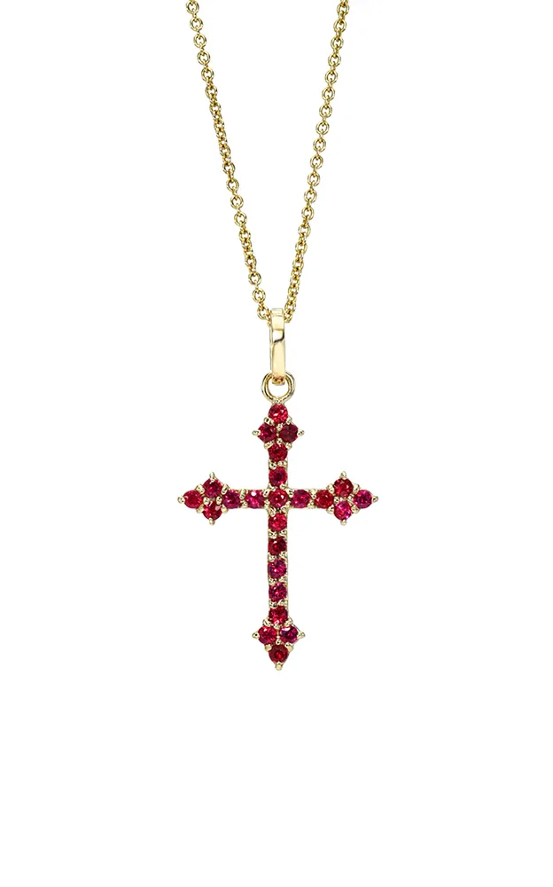 Ruby Gothic Cross 14K Yellow Gold Diamond Necklace