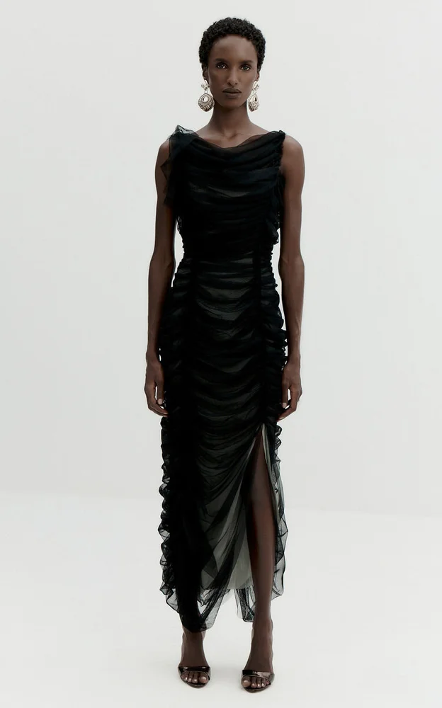 Zarela Asymmetric Gathered Tulle Midi Dress