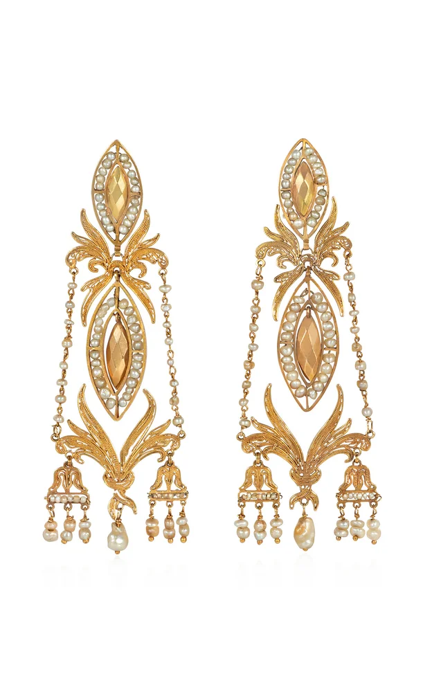 Antique Iberian 18K Yellow Gold And Pearl Pendant Earrings