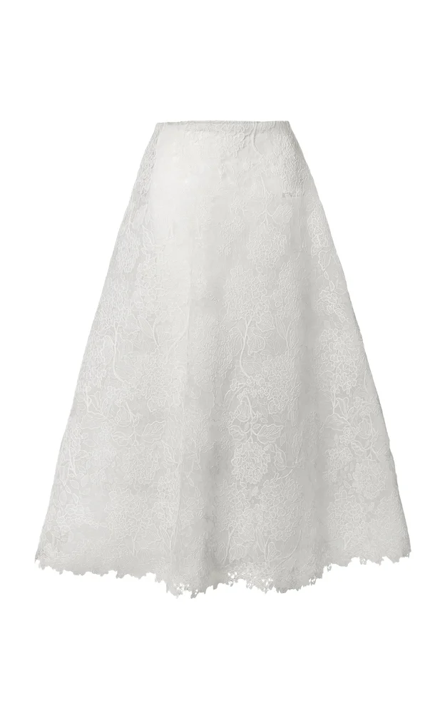 High-Rise Hydrangea Floral Lace Midi Skirt