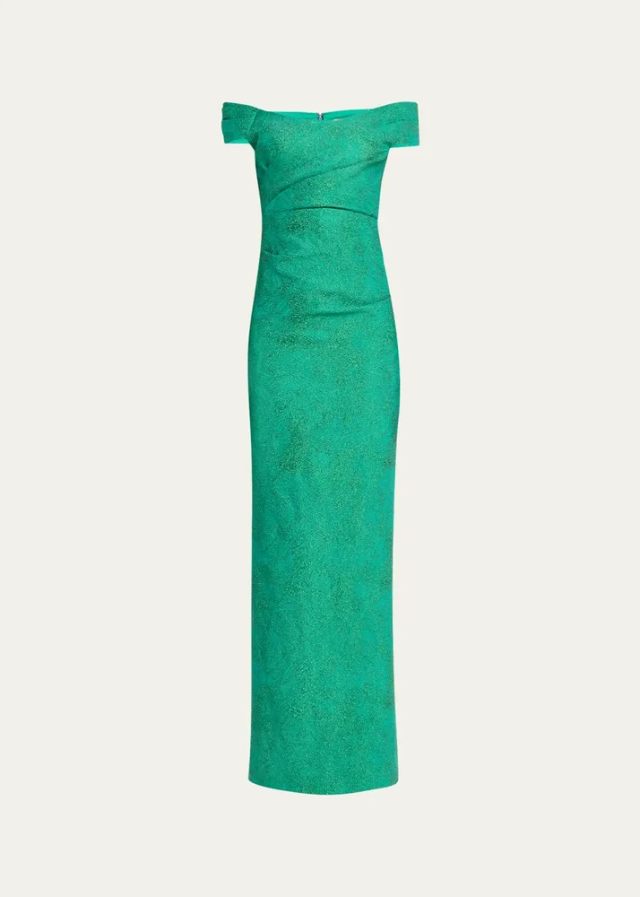 Off-Shoulder Metallic Jacquard Column Gown