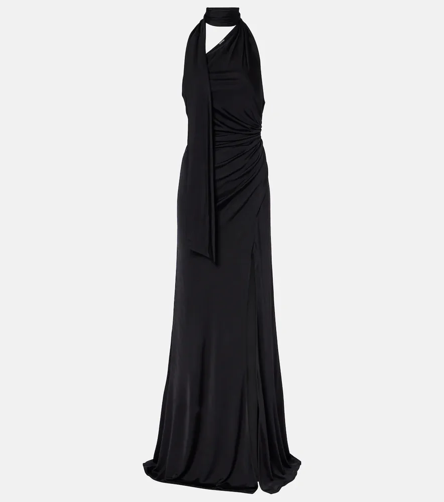 Scarf-detail one-shoulder jersey gown