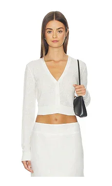 Linen Open Knit Cropped V-neck Cardigan in Off White