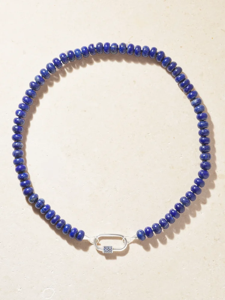 Rondelle Strand + Stoned Medium Lock 14-karat white gold, sapphire and turquoise necklace