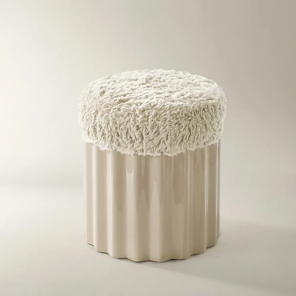 Nia Lacquered Turtle Dove Faux Fur Storage Stool