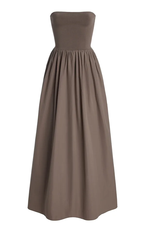 Exclusive Strapless Knit And Cotton Maxi Dress