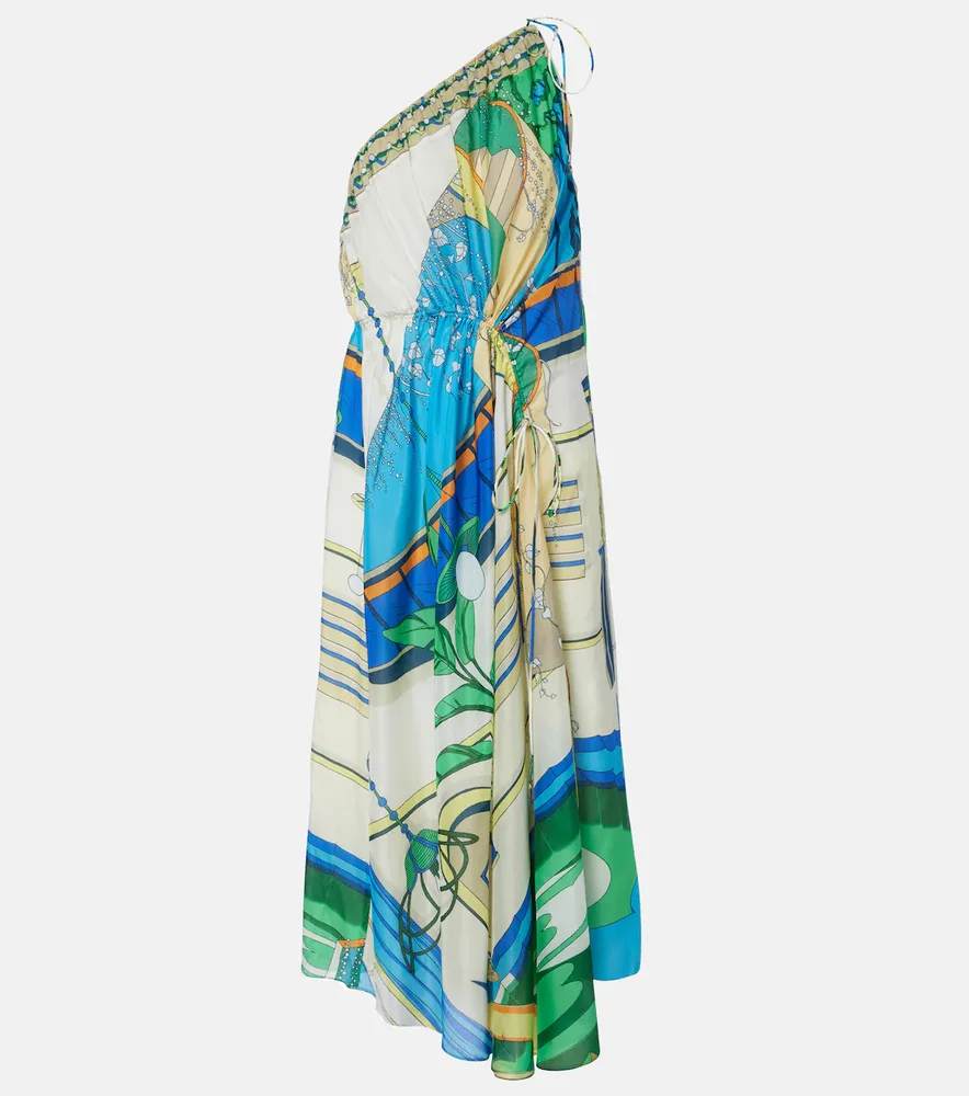 Printed cotton and silk midi dress