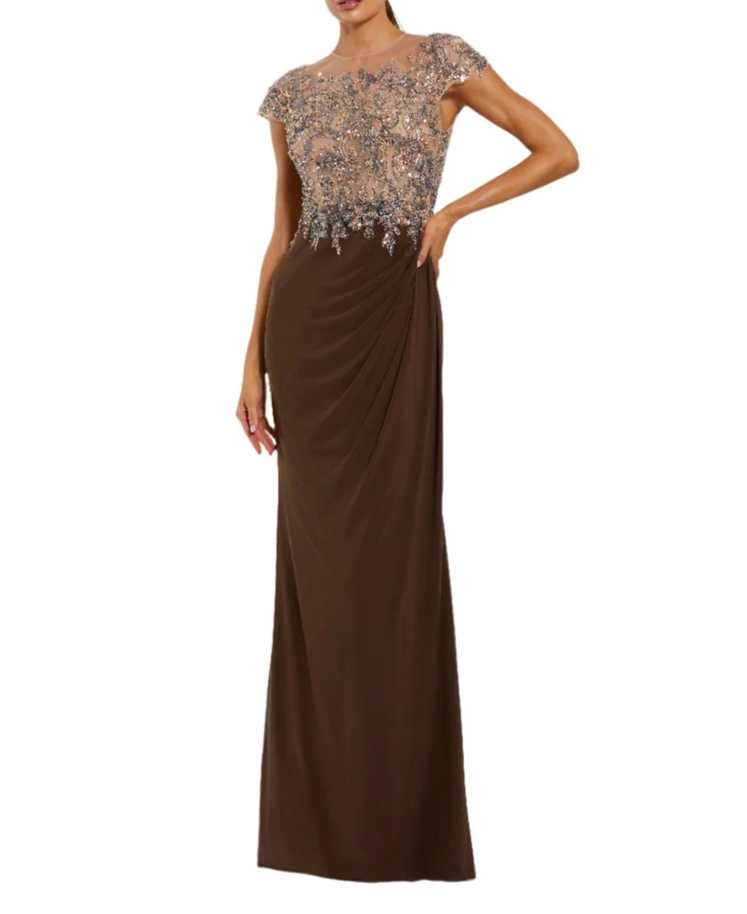 Jersey Gown With Crystal Applique Sheer Bodice