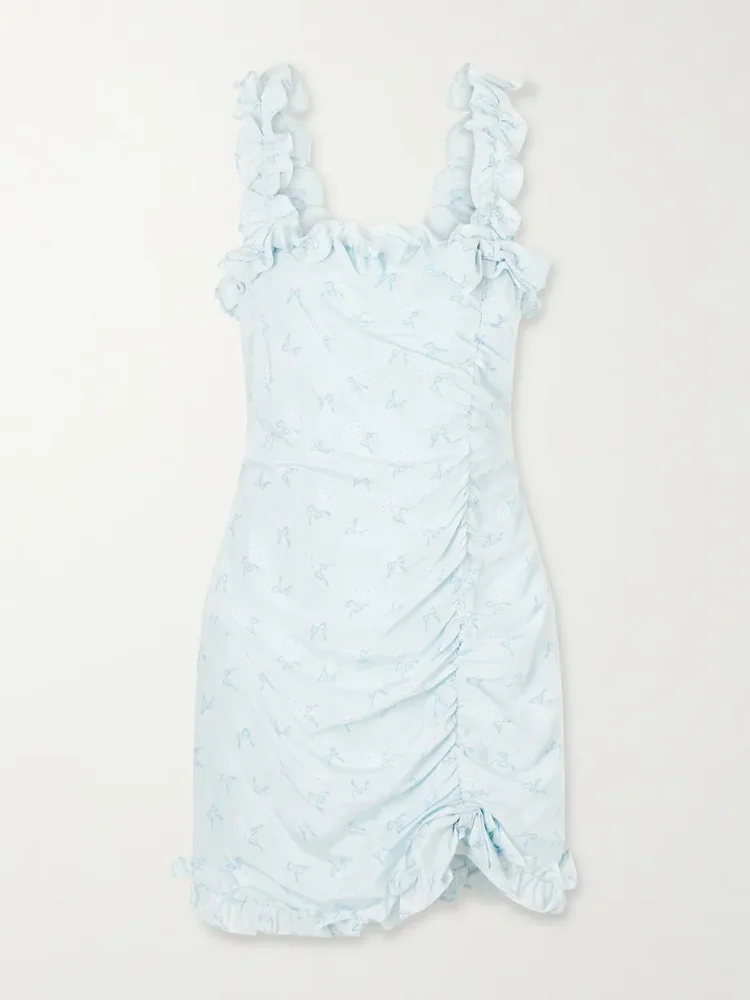 Bow-embellished floral-print silk-satin mini dress