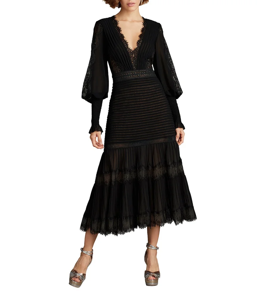 Long Sleeve Pleated Chiffon Midi Dress