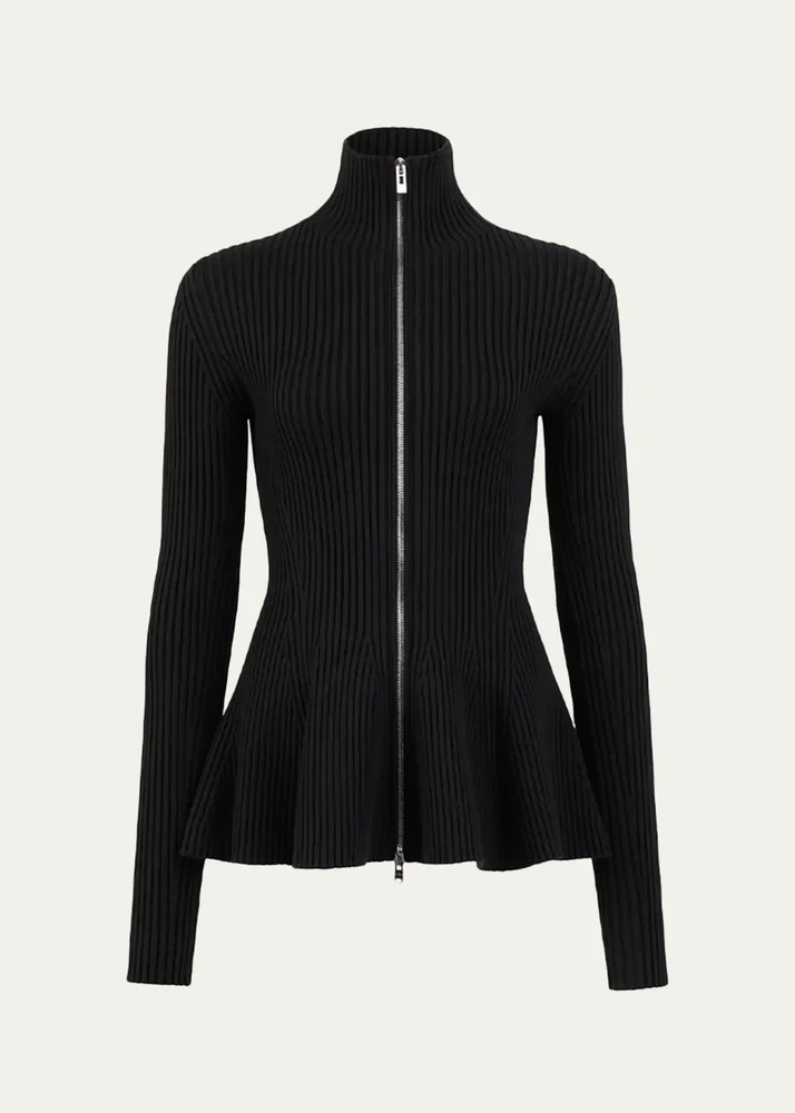 Wool-Blend Rib Peplum Zip Cardigan