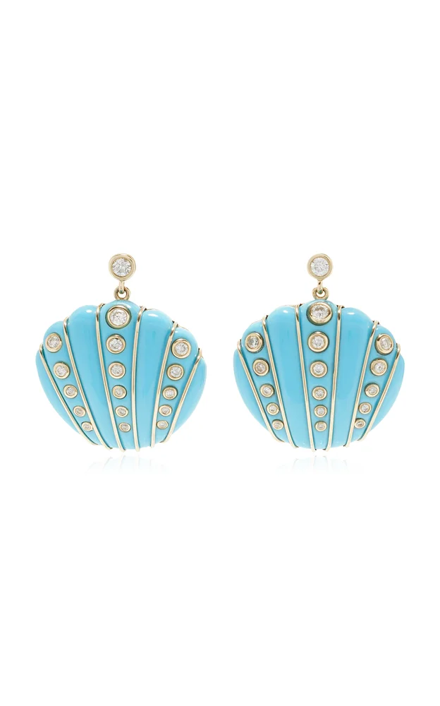 Exclusive Riviera 9K Yellow Gold Turquoise, Diamond Shell Earrings
