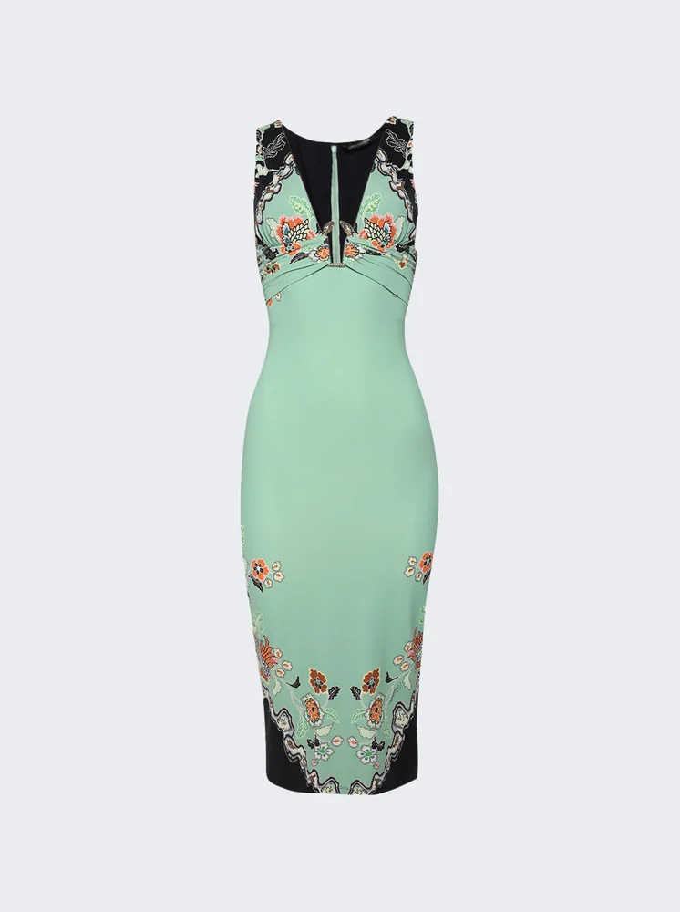 Kimono Print Midi Dress Green and Black