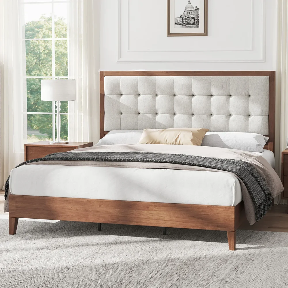 Behka King Solid Wood Platform Bed with Upholstered Tufted Headboard, Walnut